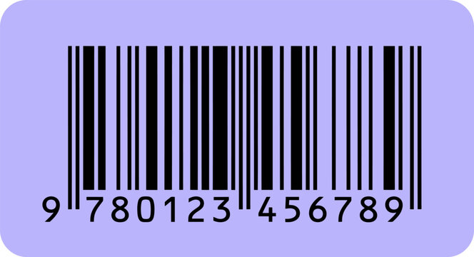 Universal barcode with numbers 9780123456789 on purple background, retail product identification label, digital scanning code vector
