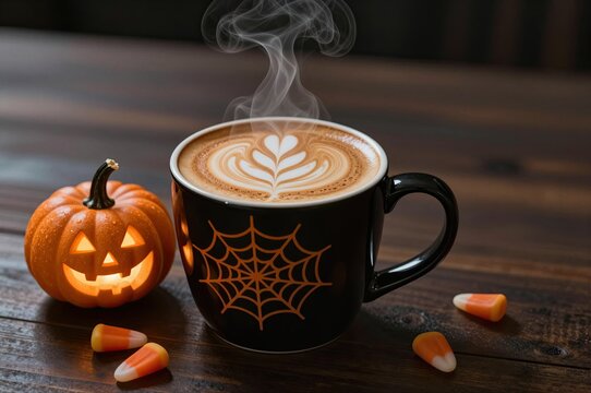 steaming latte in spiderweb mug next to carved pumpkin and candy corn on wooden table, halloween vibe