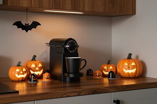 halloween jack-o'-lanterns and coffee machine creating spooky festive mood in modern kitchen
