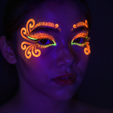 young woman with glowing neon face paint in dark room for artistic makeup and futuristic fashion