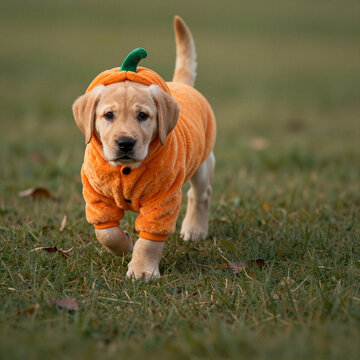 adorable puppy in pumpkin costume running on grass capturing autumn festivity and playful vibe