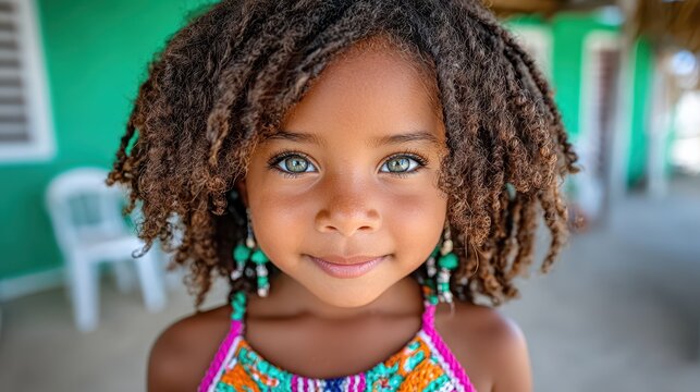 Beautiful young girl with long brown curls and bright green eyes poses while wearing colorful clothes on a sunny day in the Caribbean