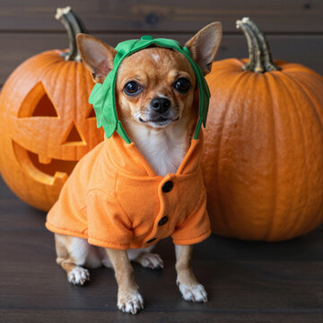 adorable chihuahua in halloween pumpkin costume sitting beside carved pumpkins in festive setting