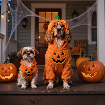 adorable dogs in halloween pumpkin costumes on porch with jack-o'-lanterns and spider webs