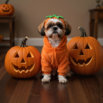 adorable dog in pumpkin costume sitting between jack-o'-lanterns during halloween in cozy home setting