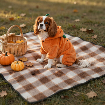 cavalier king charles spaniel puppy wearing pumpkin costume sitting on picnic blanket in autumn park