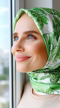 Smiling woman looking out of a bright window while wearing a light green headscarf with floral print during the day as natural light reflects in her blue eyes to create a calm and peaceful mood