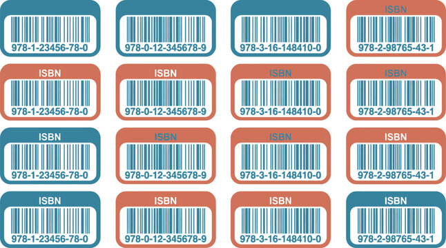 ISBN barcode stickers set, 16 retail book identification labels, blue and orange product tags, vector barcode icons for publishing
