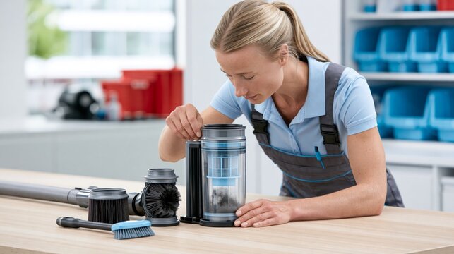 Supply clerk inspecting vacuum filters and dust cup on service counter