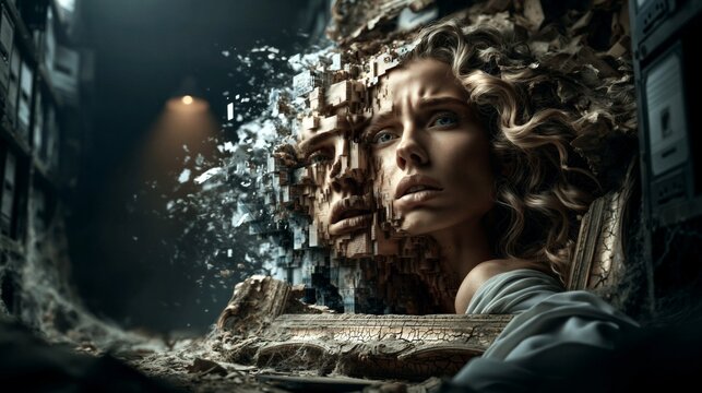 Conceptual Portrait of an Anxious Young Woman's Face Fragmenting Into Digital Pixels in a Dark Decaying Room