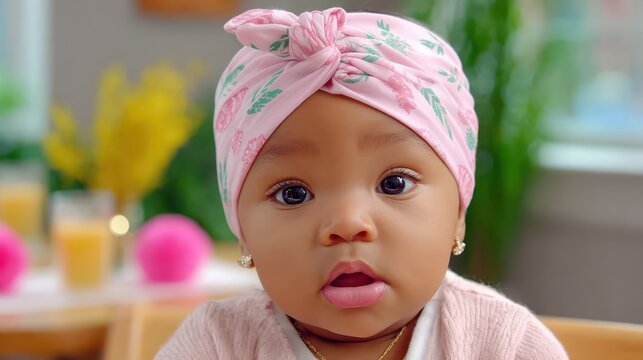 Close up portrait of a cute baby girl with dark skin wearing a patterned pink turban while sitting in a home kitchen looking at the camera with wide eyes and a surprised face during daytime hours