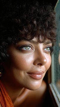 Close up view of a beautiful young lady with striking green eyes resting her head near a window while observing the outdoors during a quiet afternoon at home