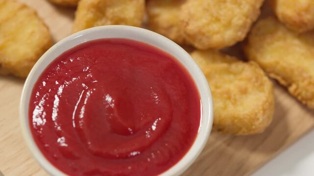 Top view of crispy fried chicken nuggets served with a bowl of tomato ketchup on a rustic wooden board. dip , ideal for restaurants, food delivery, advertising