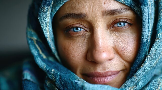 A Middle Eastern woman with striking blue eyes and a teal textured hijab, captured in soft natural light with a serious expression and sharp, detailed features