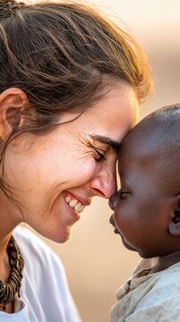 Woman smiles while sharing a tender moment of closeness and affection with an infant in an outdoor setting at dusk to show love and human connection