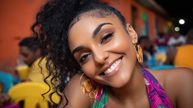 Cheerful lady with curly hair and earrings smiles warmly during a pleasant night at a lively Caribbean bar while spending quality time with friends in an outdoor social gathering setting