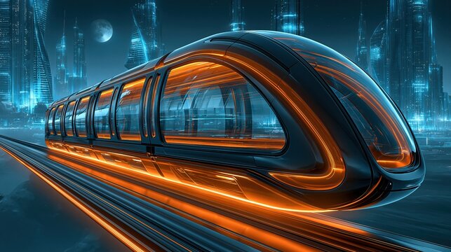 Futuristic high-speed maglev train concept traveling through a sleek, illuminated cityscape at night
