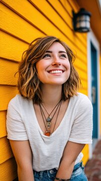 Cheerful young woman with short brown hair leans against a bright yellow wall while looking upward and smiling during a sunny afternoon outdoors