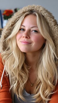 Happy woman with long blonde hair and bright eyes wears a soft brown hooded sweatshirt while relaxing indoors during the bright morning light