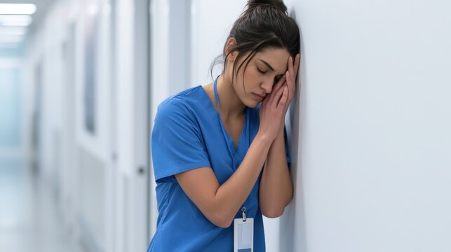 Exhausted nurse leaning against hospital wall with eyes closed. Healthcare burnout, emotional fatigue, workplace stress and mental health awareness