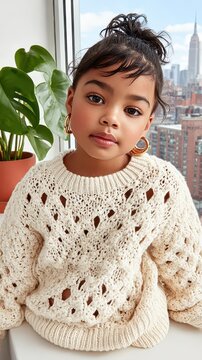 Little girl with brown eyes and hair in a bun wears a cozy cream sweater by a bright apartment window in New York City on a clear sunny afternoon