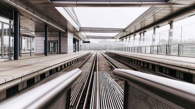 Modern train station platform with parallel tracks stretching into the distance on a cloudy day