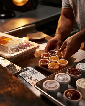 Counting Sauce Cups Beside Sealed Meal Tray in Commercial Kitchen