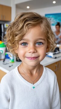 Close up portrait of a young boy with curly blonde hair and blue eyes looking at the camera with a gentle smile while standing in a bright home kitchen environment during the day