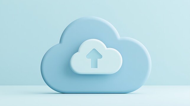 A 3D light blue cloud icon with an upload arrow symbol. Minimalist design for cloud computing and data storage concepts.