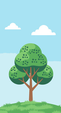 Stylized cartoon tree with green foliage and brown trunk on a grassy hill under a blue sky with clouds