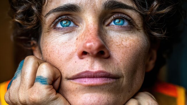 Middle aged woman with freckles and curly brown hair looks upward with bright blue eyes while resting her chin on her hands during a quiet moment in a bright room