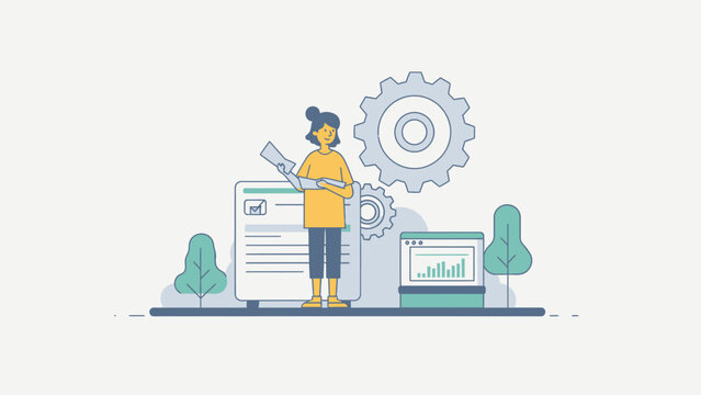 Illustration of a person analyzing business data and reports, working with charts and graphs, representing data management, analytics, and workflow optimization.