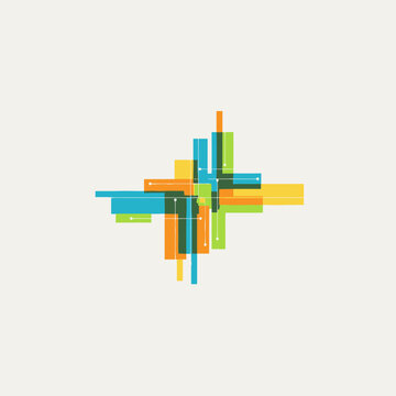 Abstract geometric pattern with overlapping colorful lines and shapes on a light background