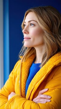 Thoughtful woman with blonde hair wears a warm yellow coat while standing indoors against a blue wall during the afternoon hours, looking sideways with a calm and serene expression on her face