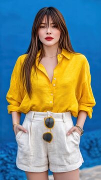 Attractive lady with red lipstick poses confidently for a portrait against a solid cobalt blue background while wearing light summer clothes and hanging sunglasses on her trousers