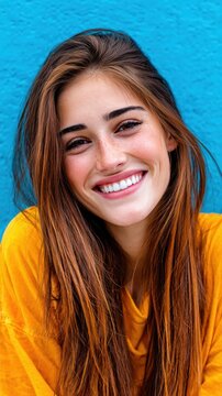Happy young woman with freckles and long brown hair smiles while wearing a casual yellow shirt against a bright blue wall during a sunny day