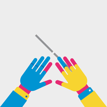 Vibrant illustration of two stylized hands, one blue and one yellow, holding a conductor's baton, symbolizing leadership, music, and artistic direction.