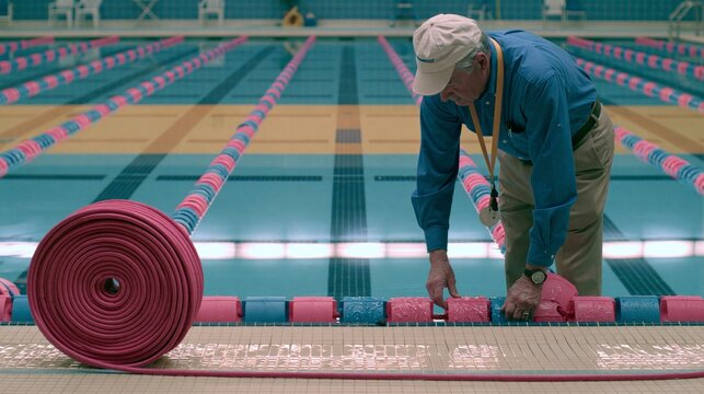 Male Aquatic Center Attendant Checking Lane Rope Floats at Indoor Swimming Pool