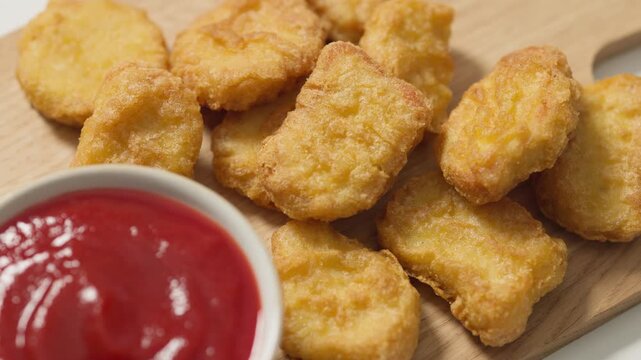 Top view of crispy fried chicken nuggets served with a bowl of tomato ketchup on a rustic wooden board. Classic fast food snack with a clean presentation