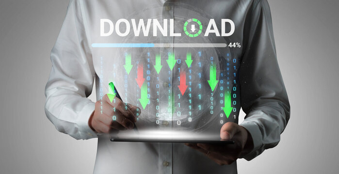 Businessman Using Tablet to Monitor Download Progress with Data Visualizations and Graphical Indicators of Economic Trends. Entropy.