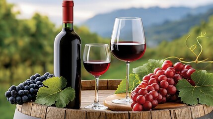 Obraz premium Rich Red Wine Served in Elegant Glasses with Fresh Grapes on a Wooden Barrel Amidst a Vineyard Landscape