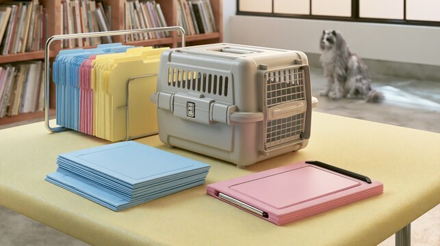 Animal Adoption Folder Organization with Pet Carrier on Table in Consultation Room