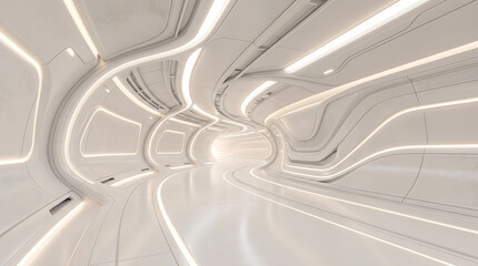 Fototapeta premium Futuristic white curved corridor with flowing LED lighting organic sci fi architecture seamless minimalist tunnel modern technology interior 3d render background