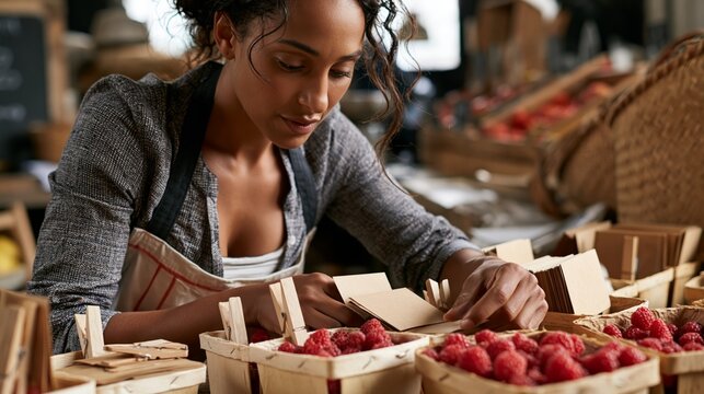 Farm stand worker sorting blank price clip cards by raspberry baskets
