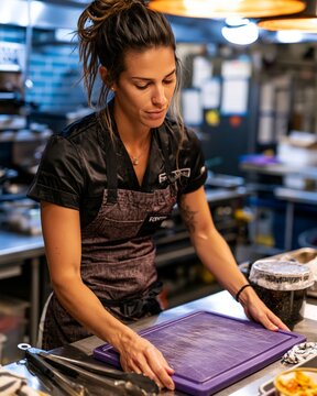 Female Prep Cook Setting Purple Cutting Board on Stainless Steel Counter in Restaurant Kitchen