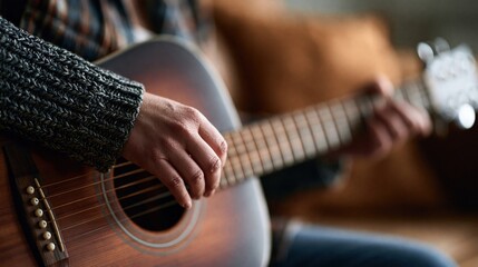 Fototapeta premium Close up of person playing acoustic guitar, focusing on hands and strings with warm, soft lighting indoors