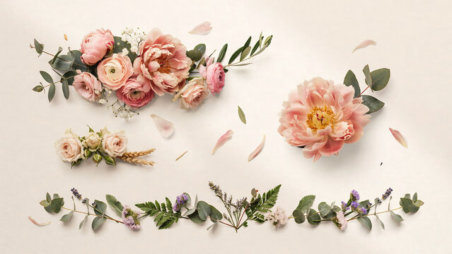 Pink peony flowers and green eucalyptus leaves arrangement isolated on a transparent background