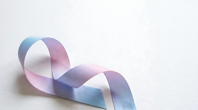 A pastel-colored ribbon lies curled on a white surface with a subtle shadow