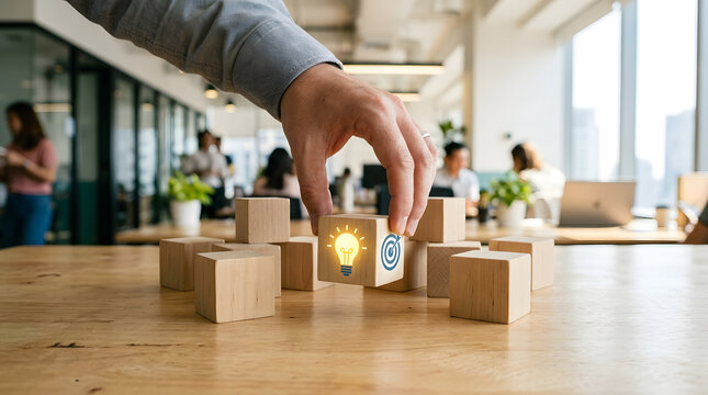 Businessman hand choosing wooden cube with idea light bulb and target icon.