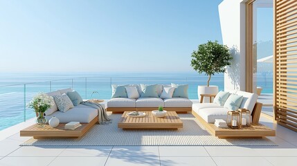 Obraz premium Modern Luxury Outdoor Living Area with Serene Ocean Views and Comfortable Seating